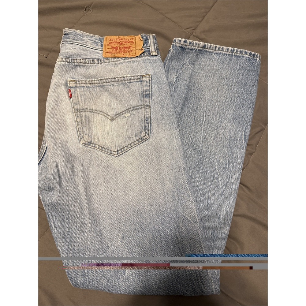 Levis‎ 501 Jeans Mens 36x32 Blue Denim Button Fly Straight Leg Distressed Faded